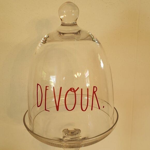 EUC Rae Dunn Clear Glass Dome Covered Cupcake Stand - "DEVOUR" - Picture 2 of 8